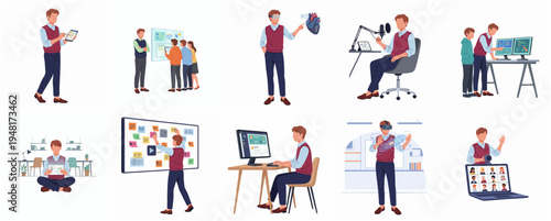 Flat Style Set of Young Man Doing Different Activity Illustrations