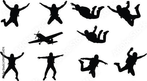 Skydiving Parachutist Silhouette Collection with Freefall Jumpers and Airplane for Extreme Sport, Adventure, Parachute Training and Aerial Action Design