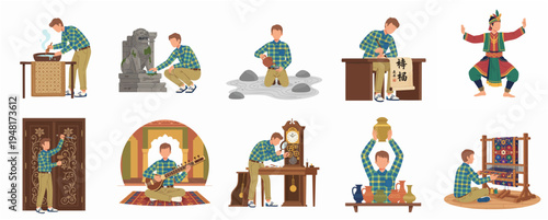 Flat Style Illustration Showing Various Man's Activities and Cultural Practices