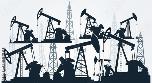 Silhouette of Oil Pumps and Derricks Against a Light Background.