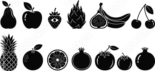 Tropical and fresh fruit silhouette icon collection including apple pear banana pineapple orange strawberry cherry fig pomegranate and dragon fruit isolated vector illustration set