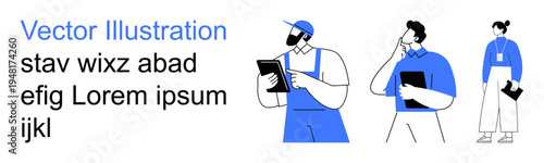 Business teamwork, communication technology, workplace diversity, remote work, collaboration, and task management. Three professionals holding tablets and communicating. Collaboration
