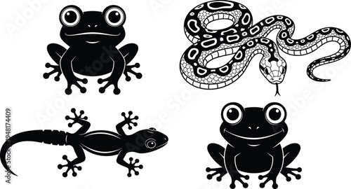 Black and White Vector Illustration Set of Cartoon Frog Frog Silhouette Snake with Patterns and Gecko Lizard for Graphic Design