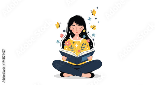 Young woman reading a book surrounded by flowers and butterflies