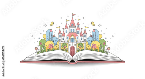 A fairytale castle emerges from an open storybook full of wonder