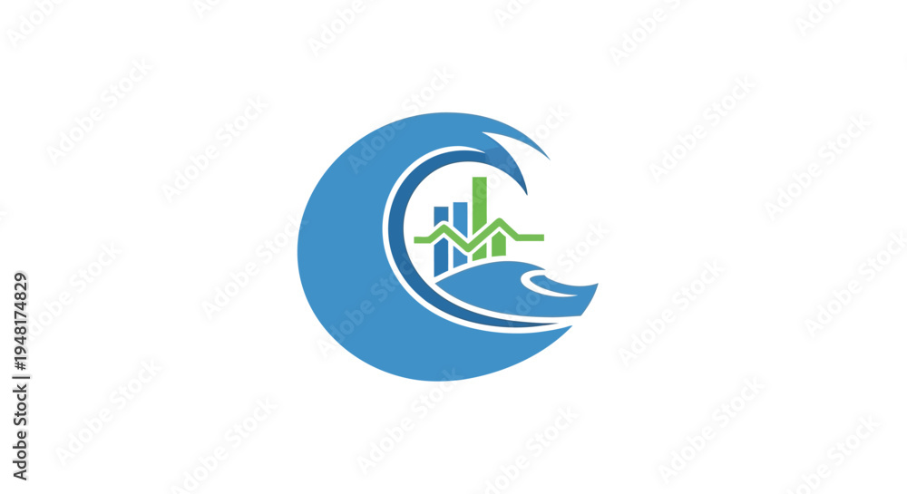 Foto Blue wave logo with cityscape.