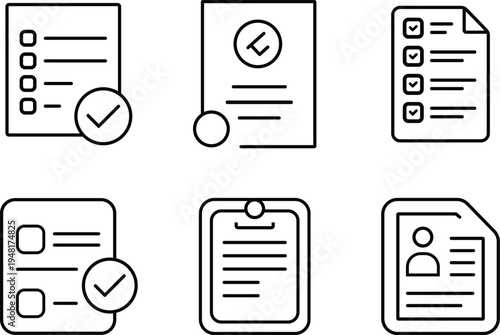 Collection of simple checklist and document icons with checkmarks for completed tasks isolated on transparent background