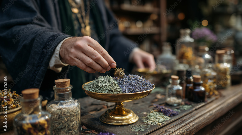 Fototapeta premium Side close-up of a brass scale with dried herbs, herbalist gently placing sage and lavender, rustic counter with glass bottles and dried flowers, natural sunlight creating reflecti