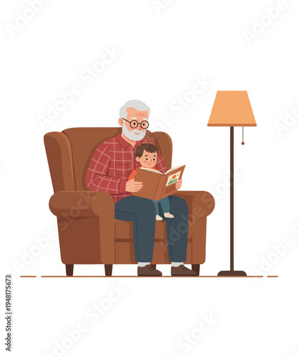 grandfather and grandson reading book together vector illustration