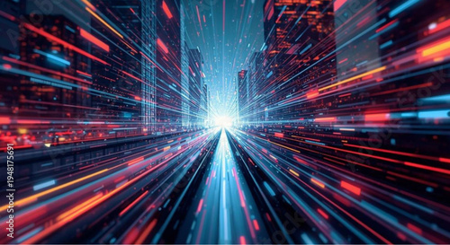 Vibrant cityscape with neon lights speeding through a futuristic tunnel at night