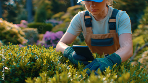 Close perspective of a female landscaper multitasking, pruning leafy bushes with shears while using smartphone, soft natural sunlight casting shadows on her arms and foliage, vibra