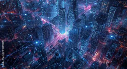 Futuristic cityscape with neon lights and skyscrapers at night aerial view