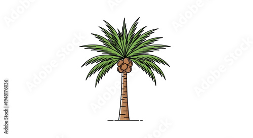 Illustration of a single coconut palm tree with coconuts.