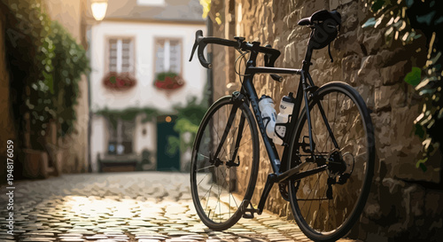 Vintage Bicycle on Cobblestone Street in European Village