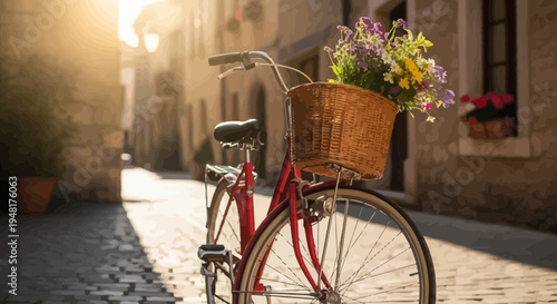 Vintage Bicycle with Flower Basket on Cobblestone Street at Sunrise