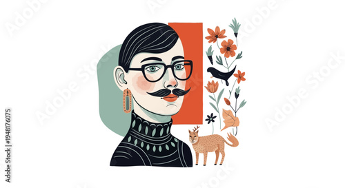 Whimsical Portrait of a Person with Moustache and Glasses Surrounded by Nature Elements