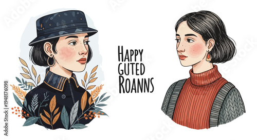 Two Women Portraits, Vintage Style, Fashionable Outfits, Botanical Elements