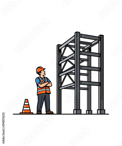 construction worker inspecting metal scaffolding vector illustration