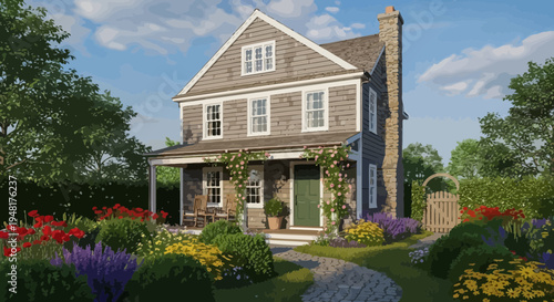 Charming Countryside House with Lush Garden and Blooming Flowers