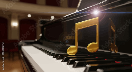 Golden Music Note on Piano Keys, Concert Hall Background