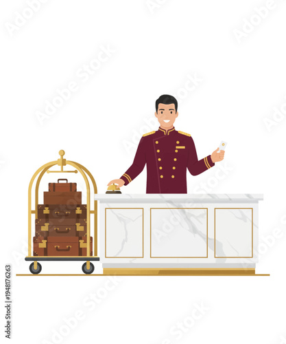 bellhop assisting with luggage at hotel reception vector illustration