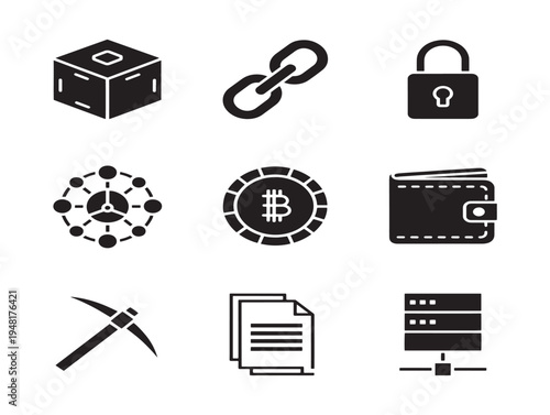 Modern blockchain interface icons set with innovative decentralized system graphics