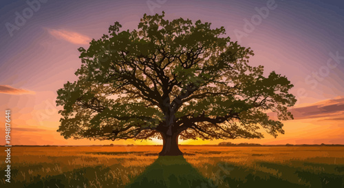 Majestic Oak Tree Silhouette at Sunset with Field and Sky