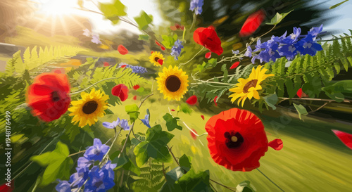 Vibrant Wildflower Meadow Bursting with Sunflowers, Poppies, and Delphiniums