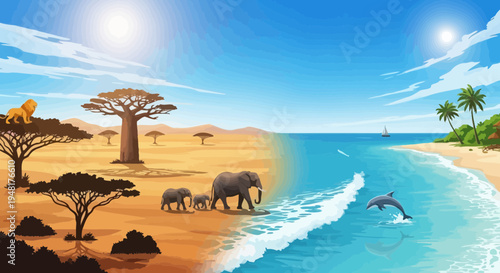African Savannah Meets Tropical Beach: Elephants, Lion, Dolphin, Baobab Trees