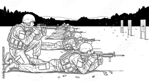 Line art illustration of soldiers in combat training on the range.