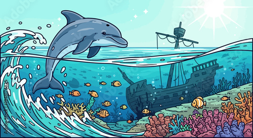 Dolphin jumping over waves, shipwreck and coral reef underwater scene