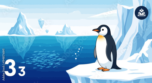 Cute Penguin on Iceberg, Fish School Underwater, Arctic Landscape