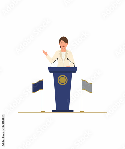 female politician giving speech at podium with us flags vector illustration
