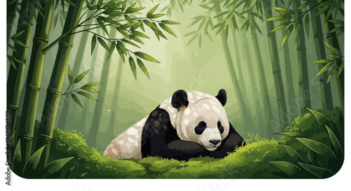 Giant Panda Resting in Lush Bamboo Forest, Peaceful Wildlife Scene
