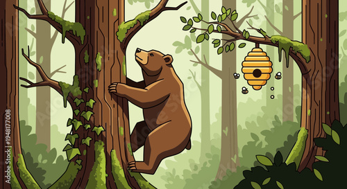 Brown Bear Climbing Tree Towards Beehive in Forest