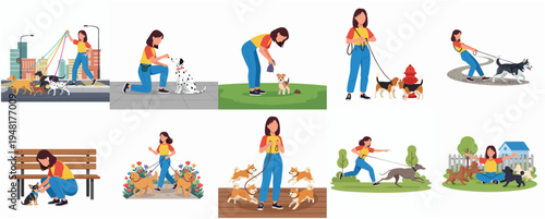 Cartoon Style Woman Playing with Her Dog in Different Scenarios Set