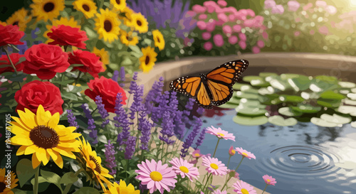 Monarch Butterfly on Colorful Garden Pond with Blooming Flowers
