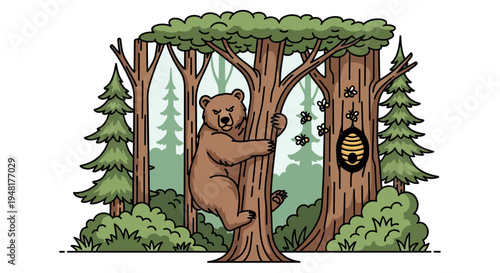 Bear climbing tree to reach beehive in forest, cartoon illustration