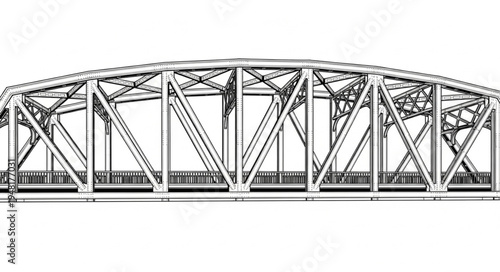 Detailed Line Drawing of a Truss Bridge with Arched Top.