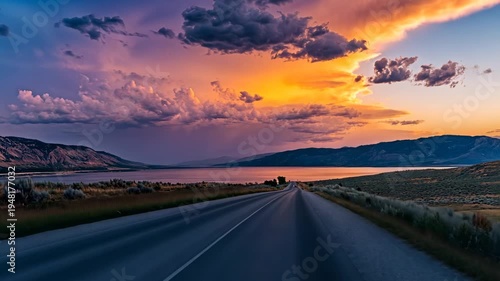 Scenic highway vanishing point leading to horizon with lake and cloudscape at twilight