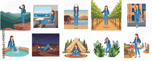 Flat Style Illustration Set of Woman Enjoying Various Outdoor Activities