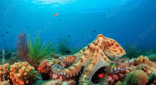 Octopus camouflaged on vibrant coral reef underwater, ocean wildlife scene