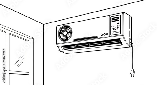 Wall-mounted air conditioner unit with visible fan and controls.
