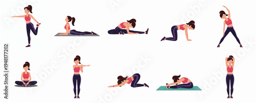 Animated Style Woman Doing Different Yoga Poses for Fitness and Wellness