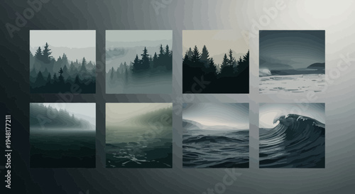 Abstract Pixel Art Landscapes: Forests and Ocean Waves