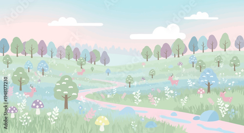 Whimsical Pastel Landscape with Deer and Mushrooms - Dreamy Fantasy Scene