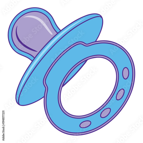 Blue and purple baby pacifier with white background and cartoon style infant dummy soother