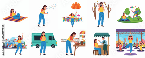 Colorful Flat Illustration Various Outdoor Activity People Enjoying Leisure and Recreation