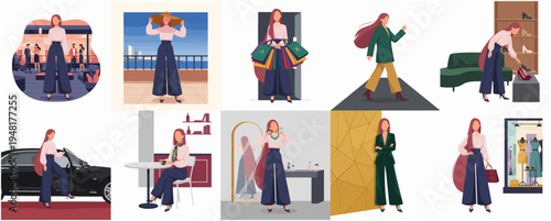 Diverse Lifestyle Flat Illustrations of Stylish Woman in Various Scenarios