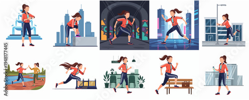 Illustrated Woman Training In Different Urban Environment Activities Collection